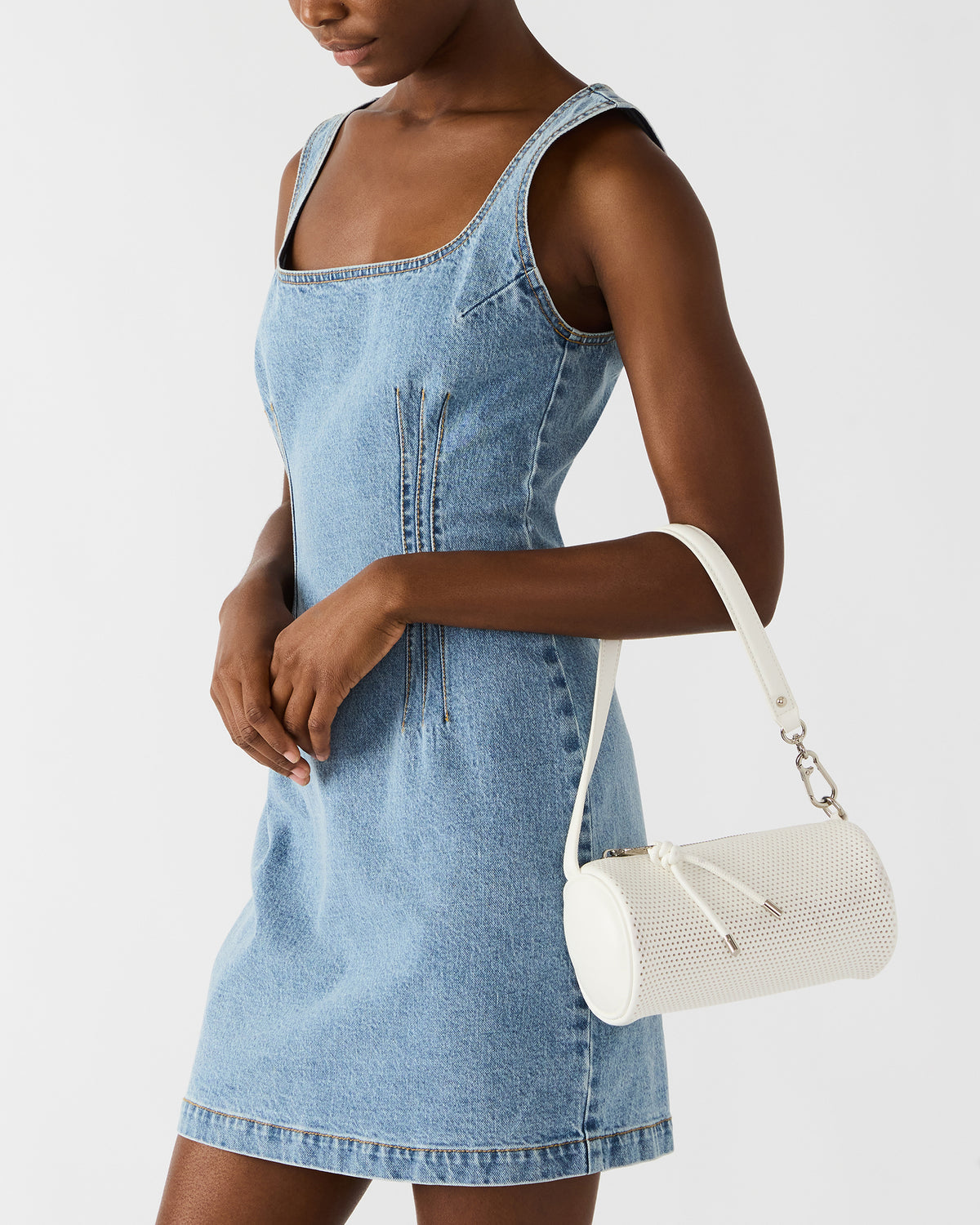 PRIYA Perforated Bag White Mini Barrel Shoulder Handbag Steve Madden WHITE