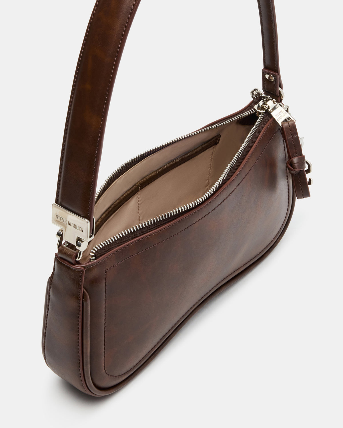 ANGEL Bag Brown Distressed Top-Zipper Structured Shoulder Strap Handbag Steve Madden DISTRESSED BROWN