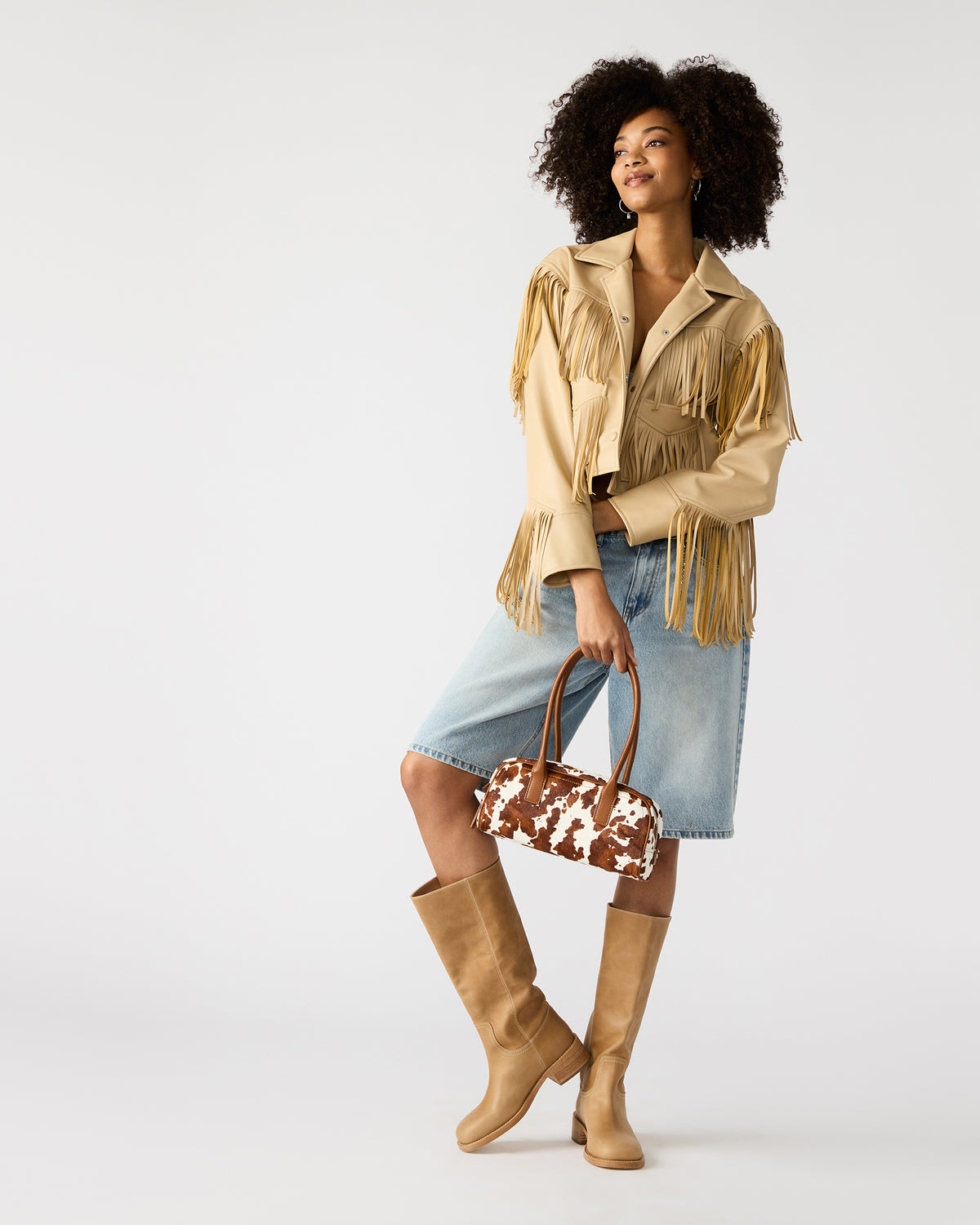 ANISE Bag Brown Cow Print Elongated Shoulder Strap Handbag Steve Madden BROWN MULTI