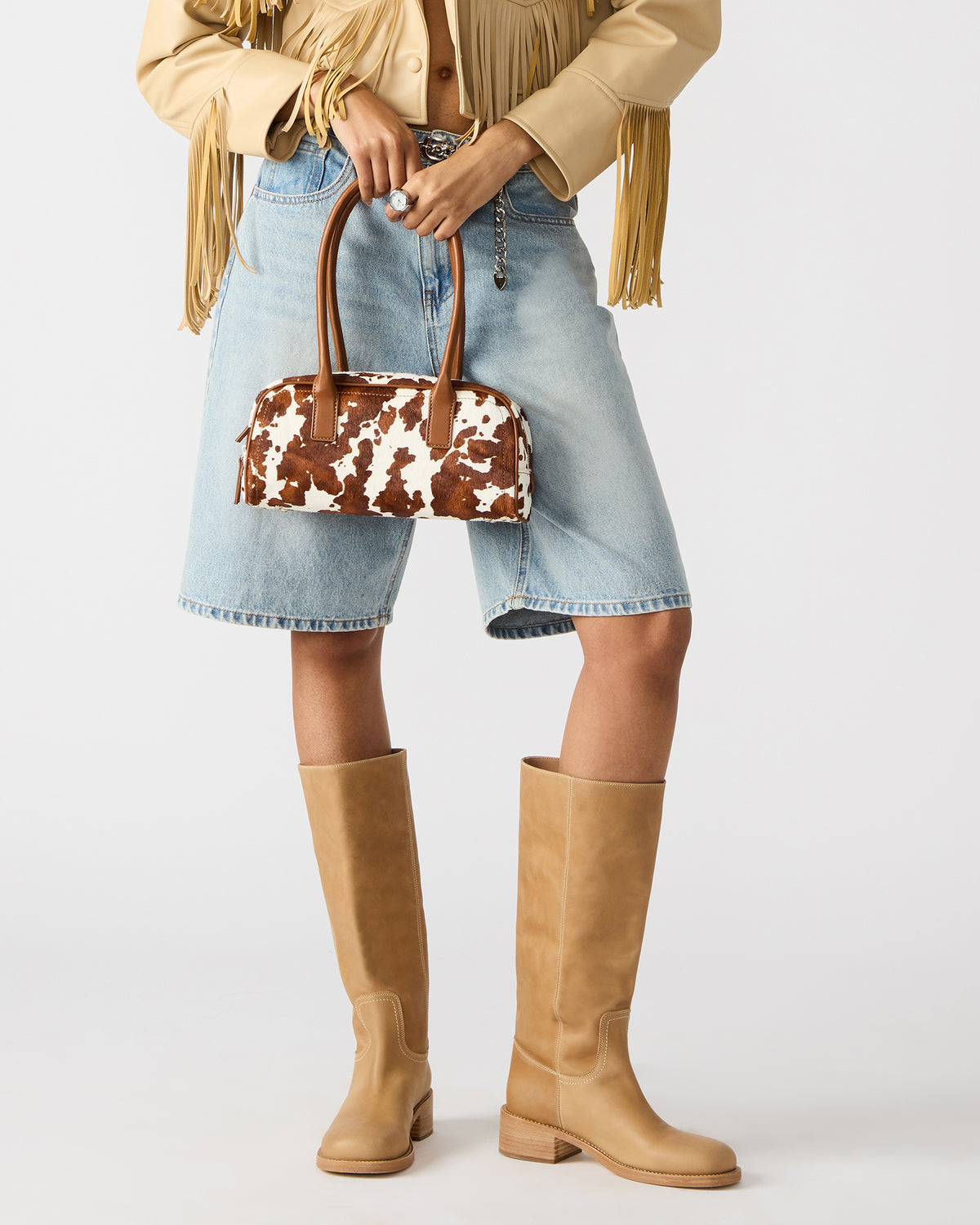 ANISE Bag Brown Cow Print Elongated Shoulder Strap Handbag Steve Madden BROWN MULTI