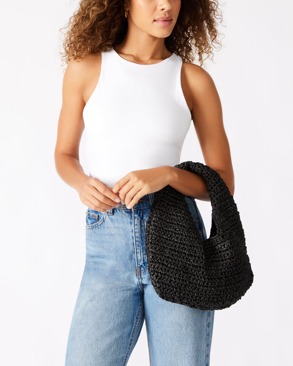 DAENRYS Black Women's Crescent Shaped Straw Shoulder Bag Steve Madden BLACK