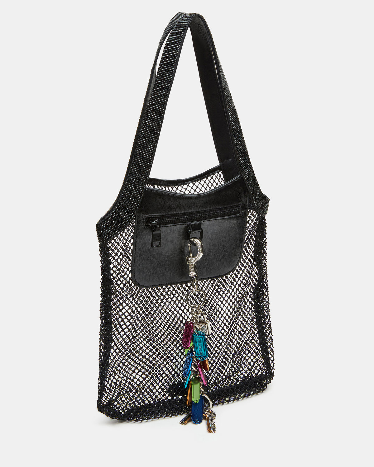 MAKIA Black Women's Crystal Rhinestone Shoulder Strap Net Tote Handbag Steve Madden BLACK