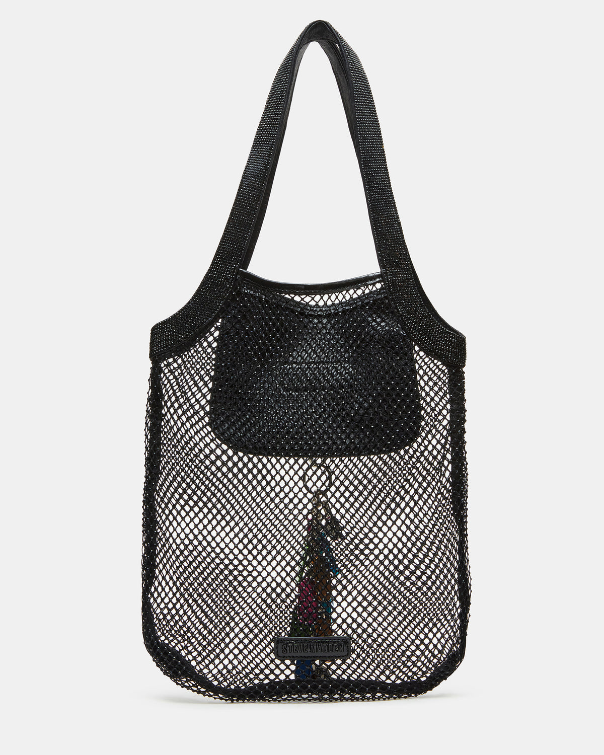 MAKIA Black Women's Crystal Rhinestone Shoulder Strap Net Tote Handbag Steve Madden BLACK