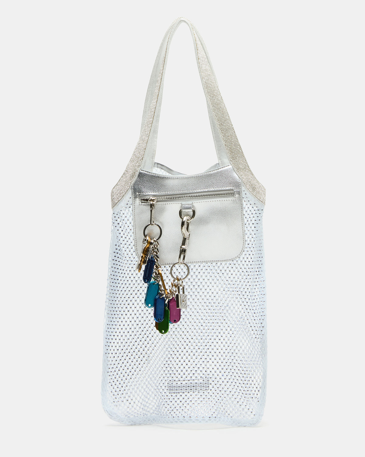 MAKIA White Women's Crystal Rhinestone Shoulder Strap Net Tote Handbag Steve Madden WHITE