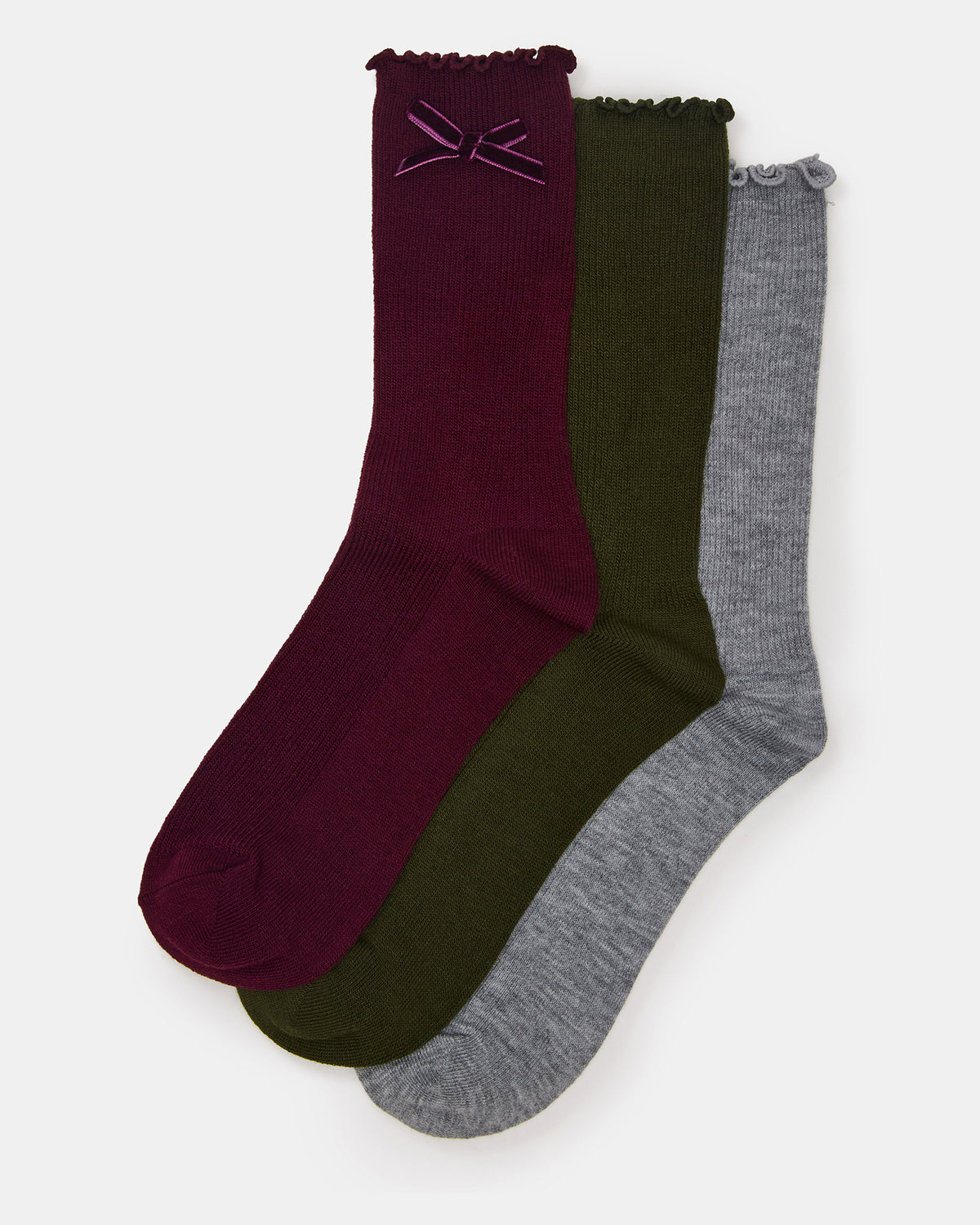 3 PACK FOLLY VELVET BOW RIB CREW SOCKS CHERRY Women's Lettuce Edge Delicate Bow Socks Steve Madden CHERRY