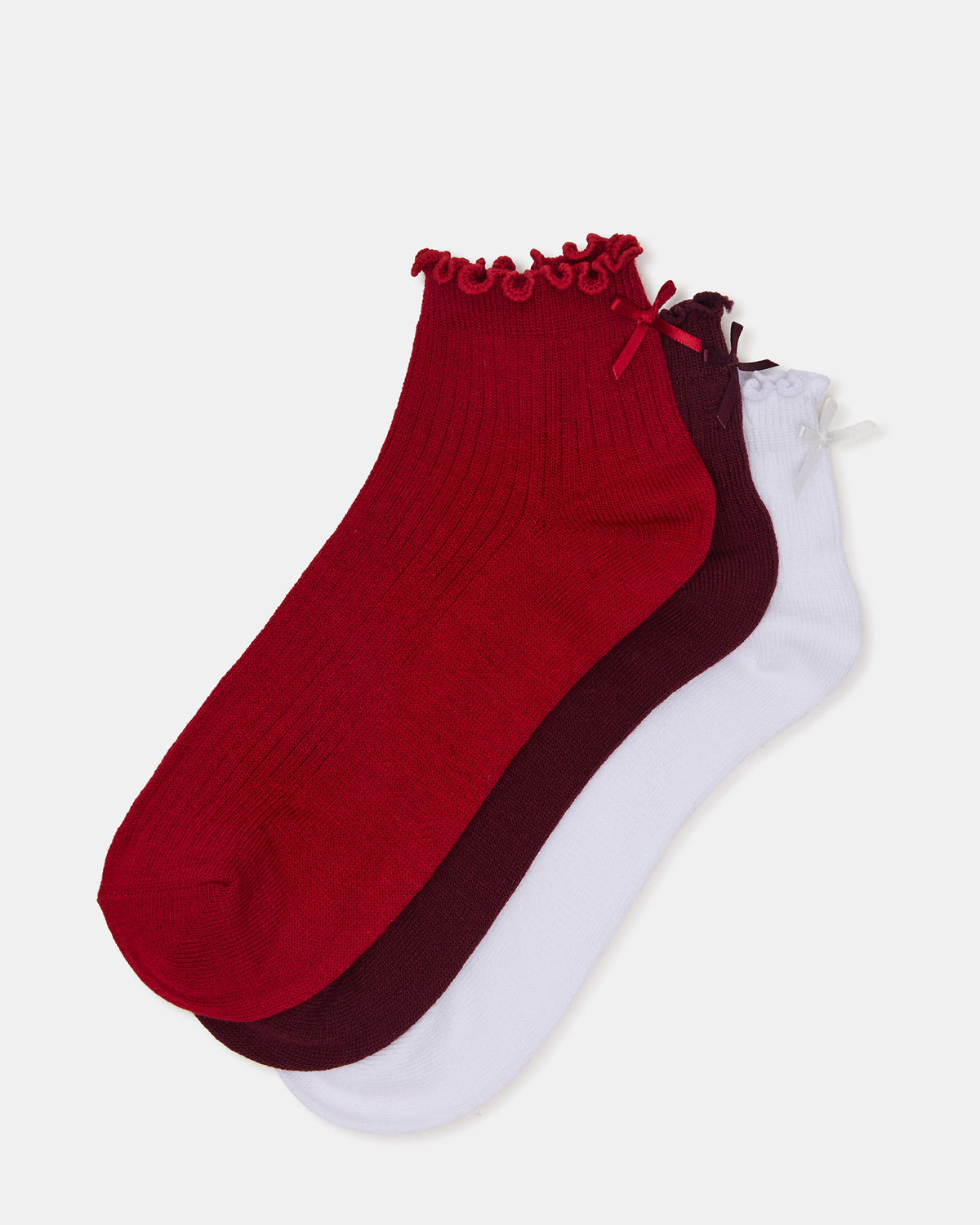 3 PACK MELODY LETTUCE EDGE BOW SOCKS RED MULTI Women's Bow Anklet Socks Steve Madden RED MULTI