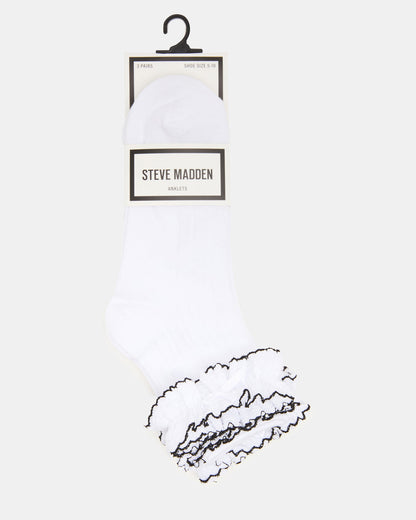 2 PACK AVA RUFFLE SOCKS WHITE Women's Double Ruffle Edge Anklet Socks Steve Madden WHITE