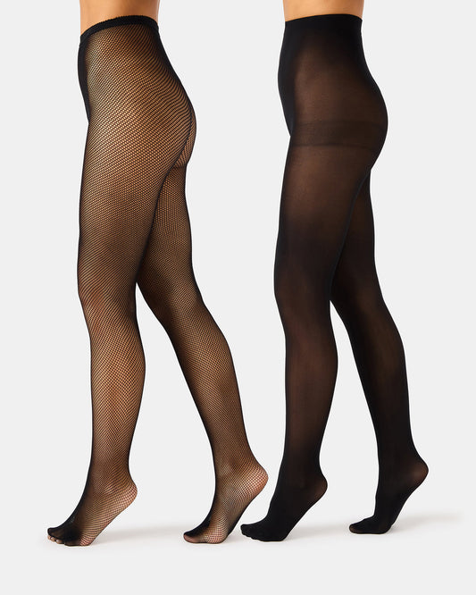 2 PACK MINI FISHNET TIGHT BLACK Women's Footed Sheer Mesh Tights Steve Madden BLACK