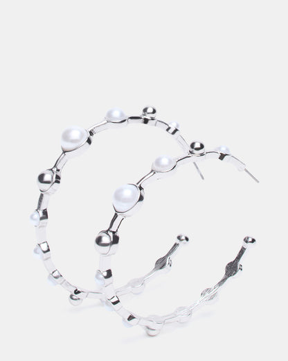 PEARL HOOP EARRINGS SILVER Women's Pearl Embellished Hoop Earrings Steve Madden SILVER