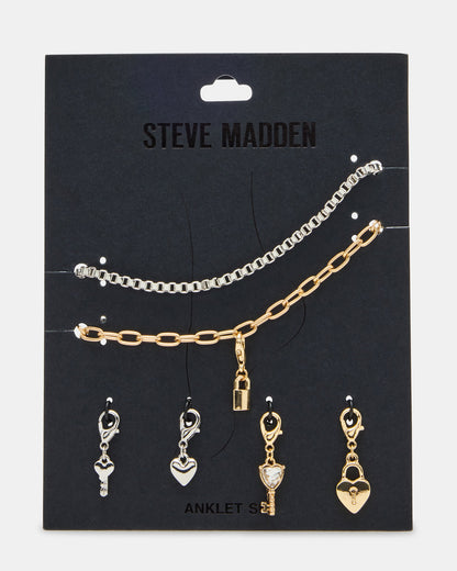 LOCK CHARM ANKLET SET Women's Lock Chain Multi Anklet Set Steve Madden GOLD MULTI