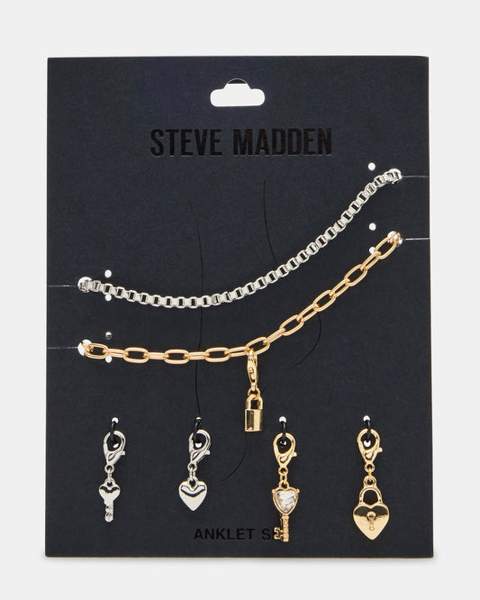LOCK CHARM ANKLET SET Women's Lock Chain Multi Anklet Set Steve Madden GOLD MULTI