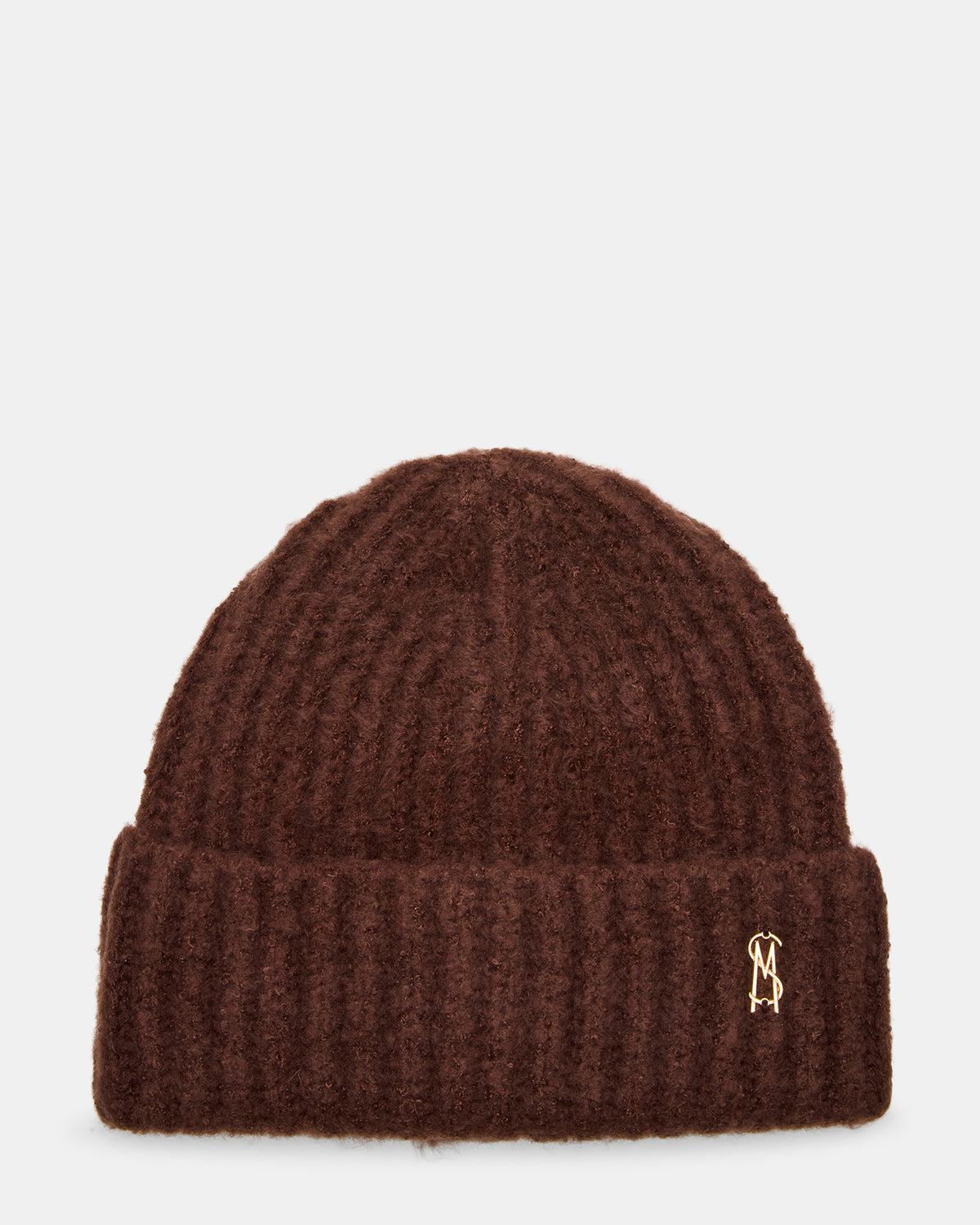LOGO BEANIE Dark Brown Fuzzy RIbbed Knit Women's Beanie Steve Madden DARK BROWN
