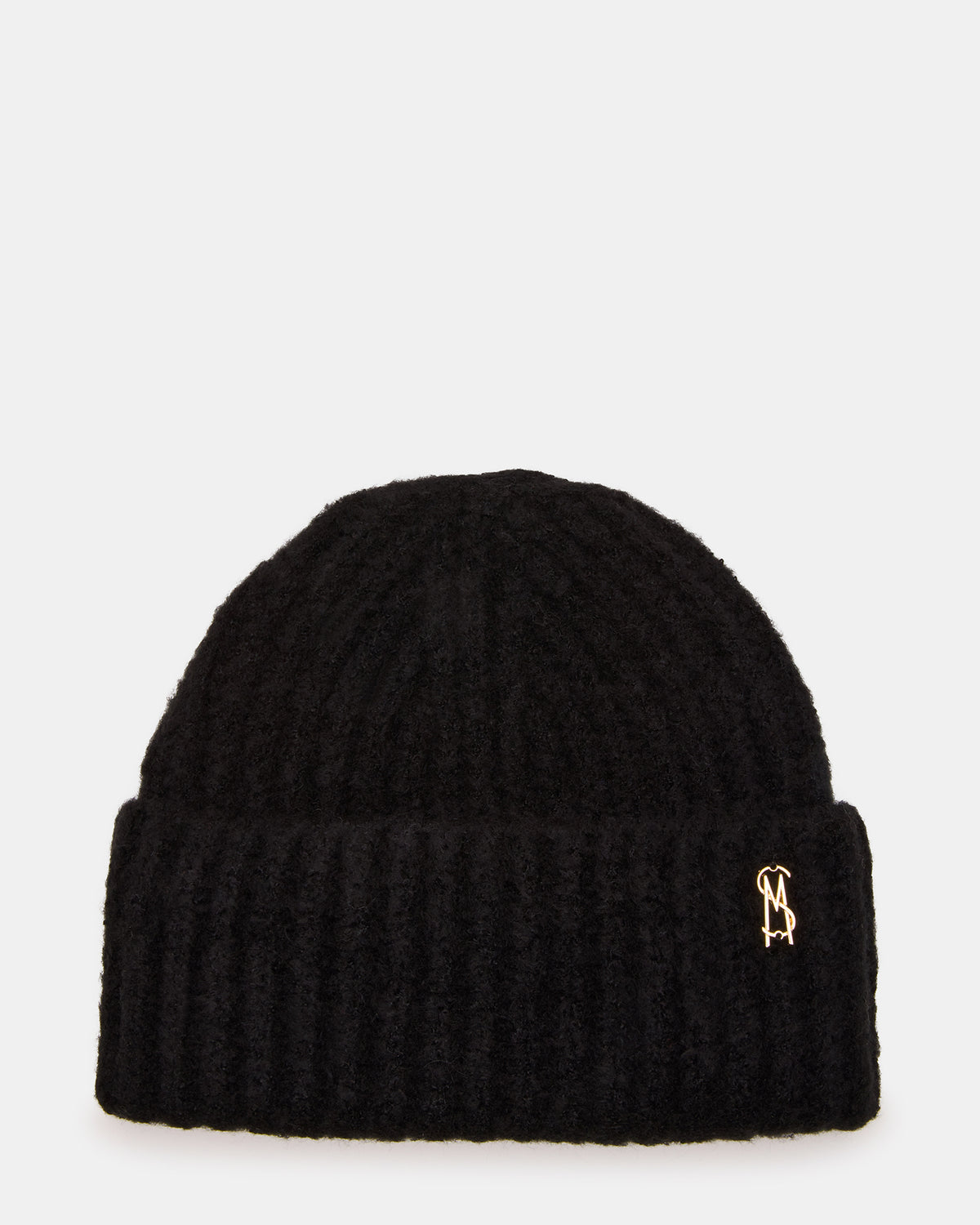 LOGO BEANIE Black Fuzzy RIbbed Knit Women's Beanie Steve Madden BLACK