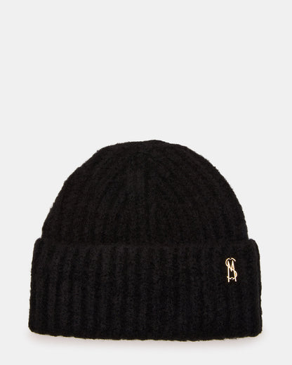 LOGO BEANIE Black Fuzzy RIbbed Knit Women's Beanie Steve Madden BLACK