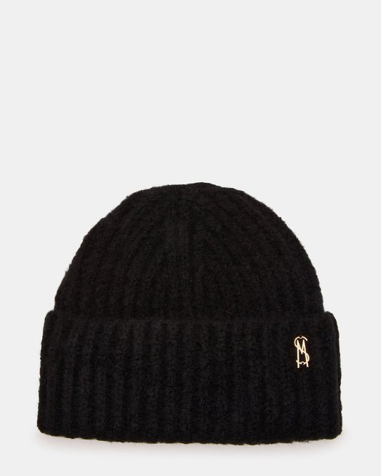 LOGO BEANIE Black Fuzzy RIbbed Knit Women's Beanie Steve Madden BLACK