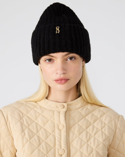 LOGO BEANIE Black Fuzzy RIbbed Knit Women's Beanie Steve Madden BLACK