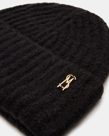 LOGO BEANIE Black Fuzzy RIbbed Knit Women's Beanie Steve Madden BLACK
