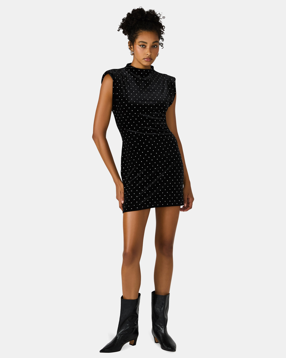 ASTORIA Black Rhinestone Embellished Velvet Shoulder Pads Bodycon Mini Women's Dress Steve Madden BLACK