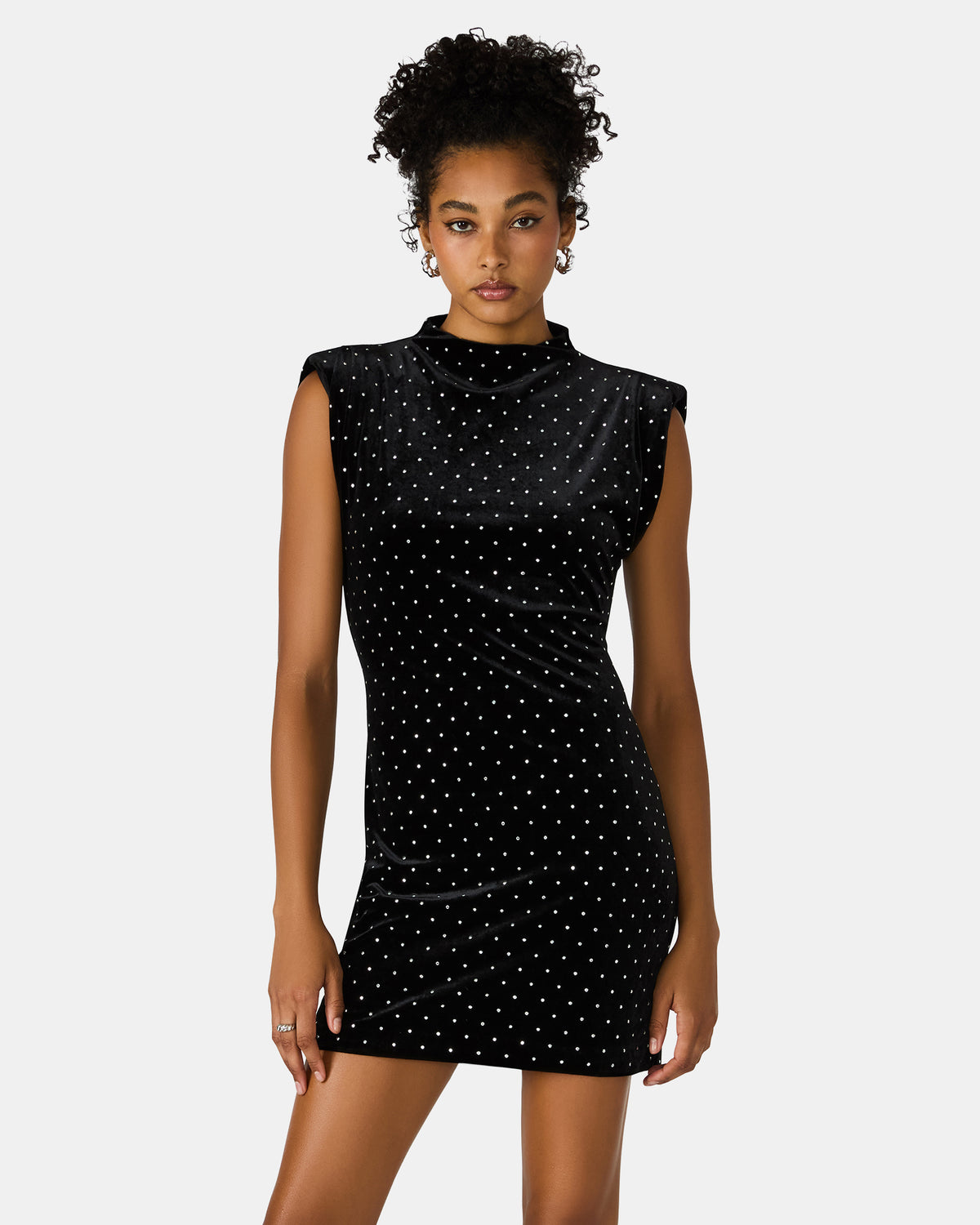 ASTORIA Black Rhinestone Embellished Velvet Shoulder Pads Bodycon Mini Women's Dress Steve Madden BLACK