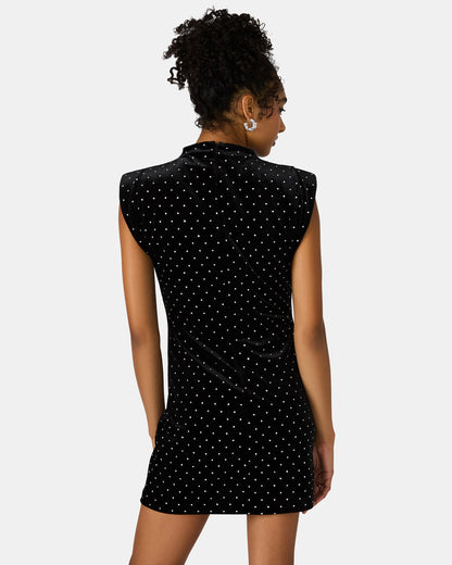 ASTORIA Black Rhinestone Embellished Velvet Shoulder Pads Bodycon Mini Women's Dress Steve Madden BLACK