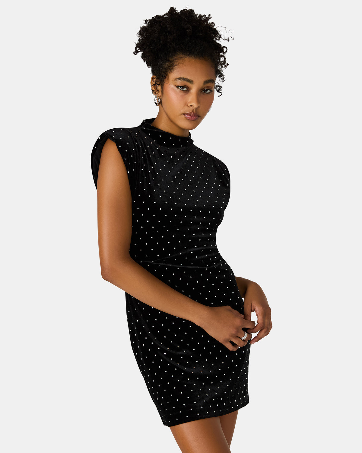 ASTORIA Black Rhinestone Embellished Velvet Shoulder Pads Bodycon Mini Women's Dress Steve Madden BLACK
