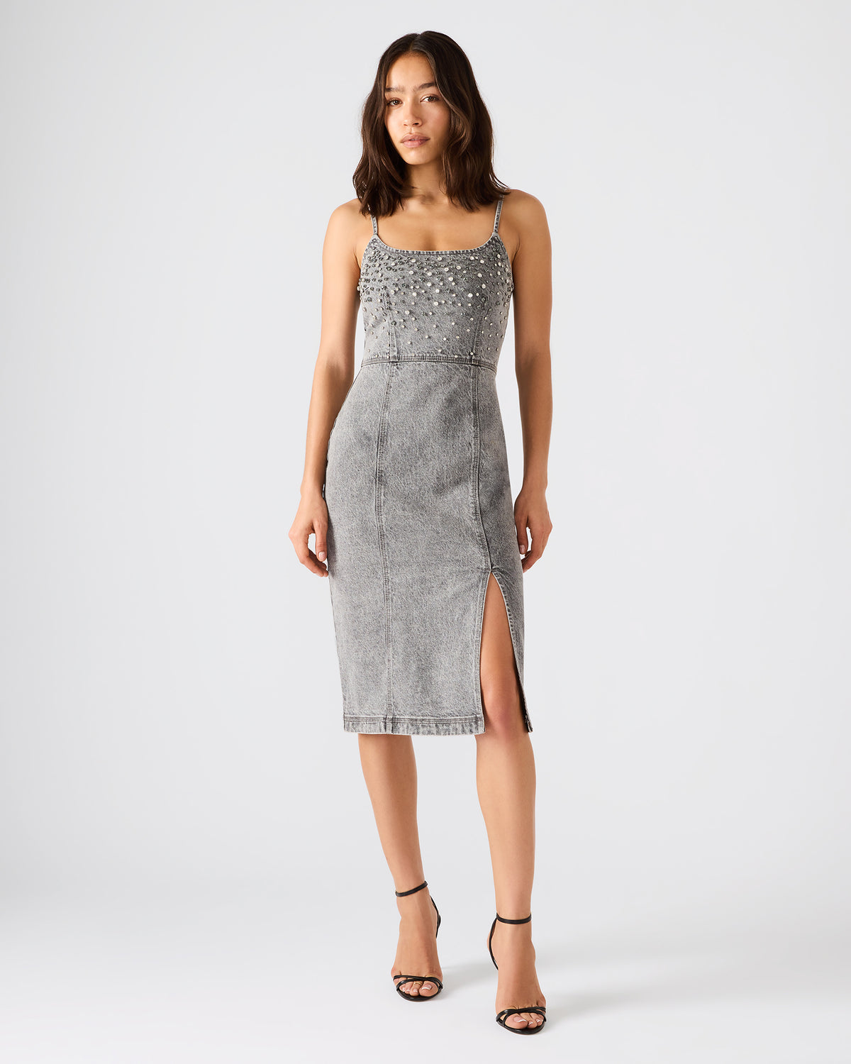 EMBELLISHED GISELLE Fog Denim Midi Women's Dress with Slit Steve Madden FOG