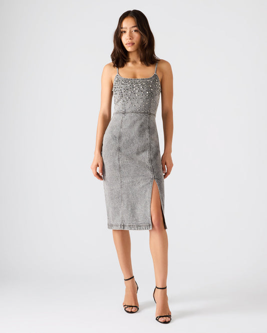EMBELLISHED GISELLE Fog Denim Midi Women's Dress with Slit Steve Madden FOG