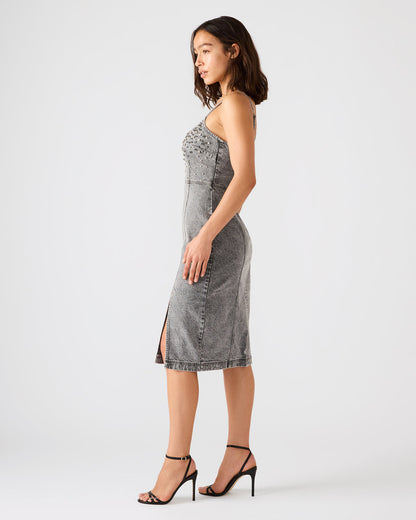 EMBELLISHED GISELLE Fog Denim Midi Women's Dress with Slit Steve Madden FOG