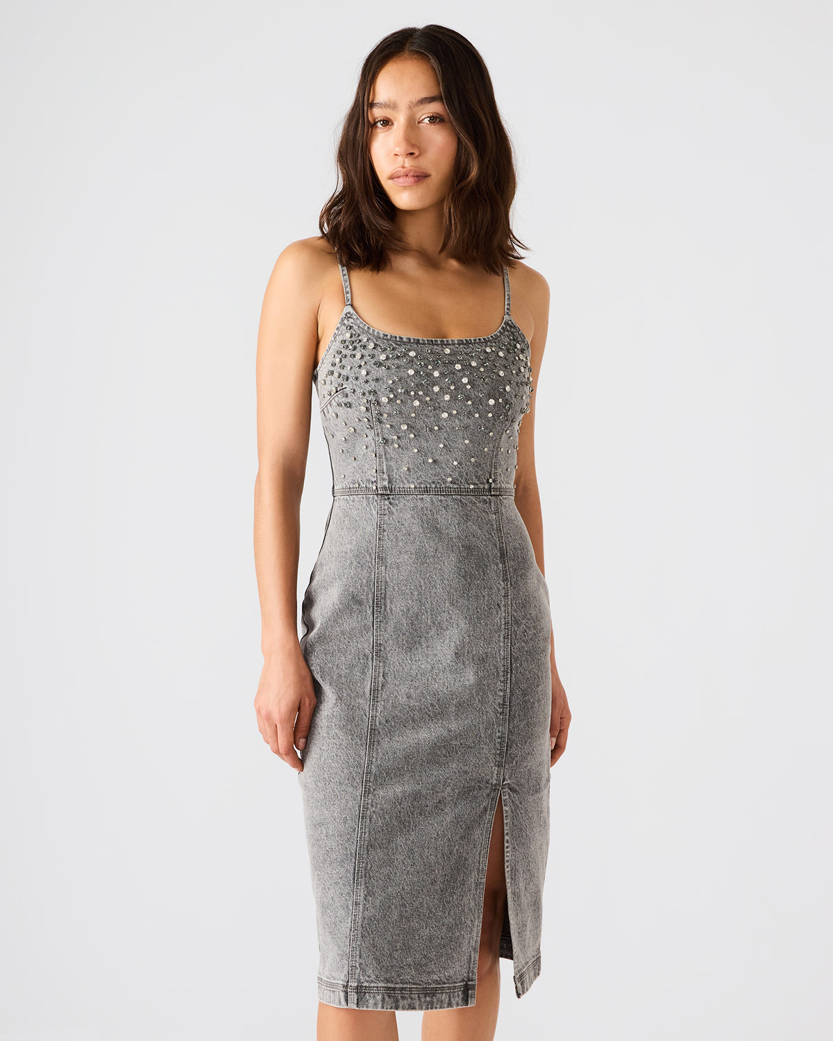 EMBELLISHED GISELLE Fog Denim Midi Women's Dress with Slit Steve Madden FOG