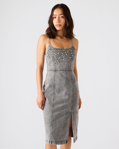 EMBELLISHED GISELLE Fog Denim Midi Women's Dress with Slit Steve Madden FOG