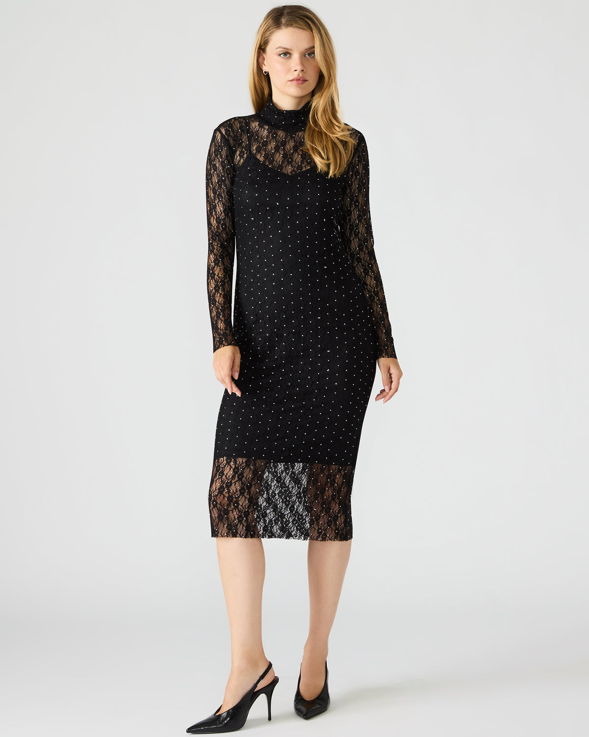 VIVIENNE Black Studded Lace Women's Mock Neck Midi Dress Steve Madden BLACK