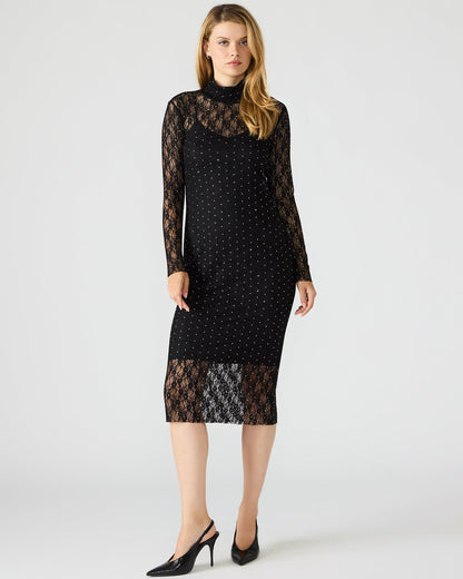 VIVIENNE Black Studded Lace Women's Mock Neck Midi Dress Steve Madden BLACK