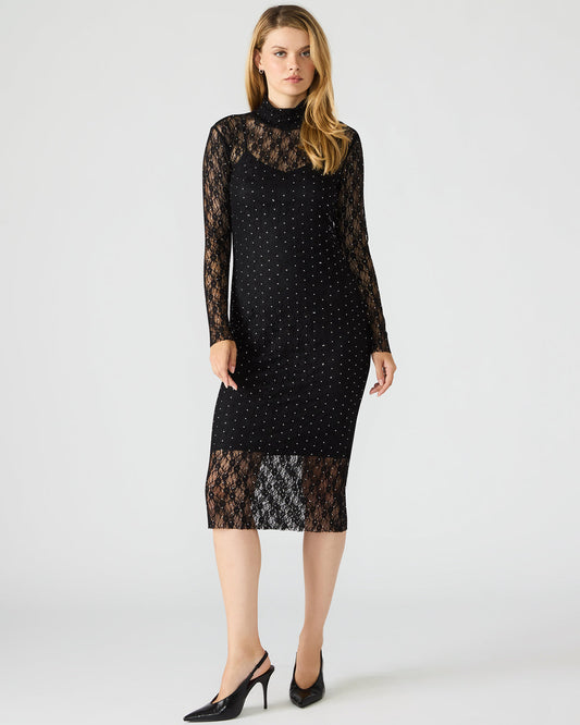 VIVIENNE Black Studded Lace Women's Mock Neck Midi Dress Steve Madden BLACK