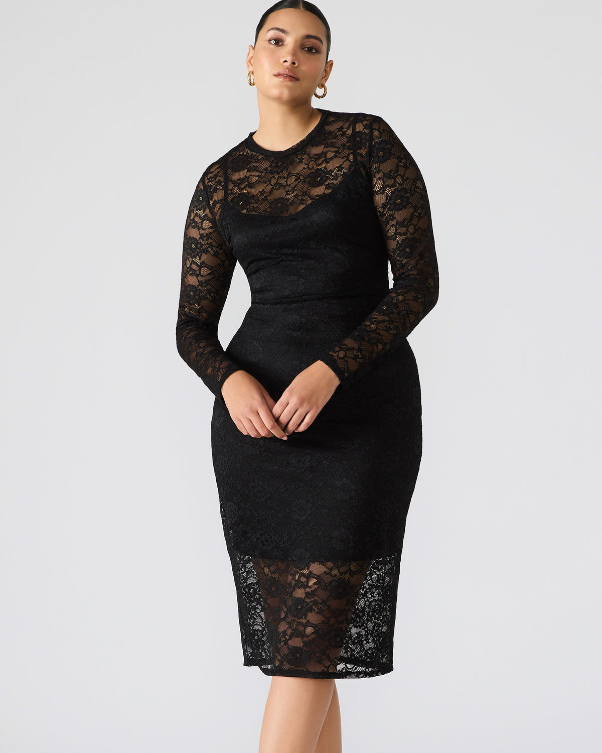 HAILEE Lace Black Long-Sleeved Mesh Pull-On Mock Neck Midi Women's Dress Steve Madden BLACK