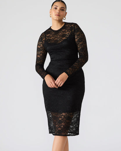 HAILEE Lace Black Long-Sleeved Mesh Pull-On Mock Neck Midi Women's Dress Steve Madden BLACK