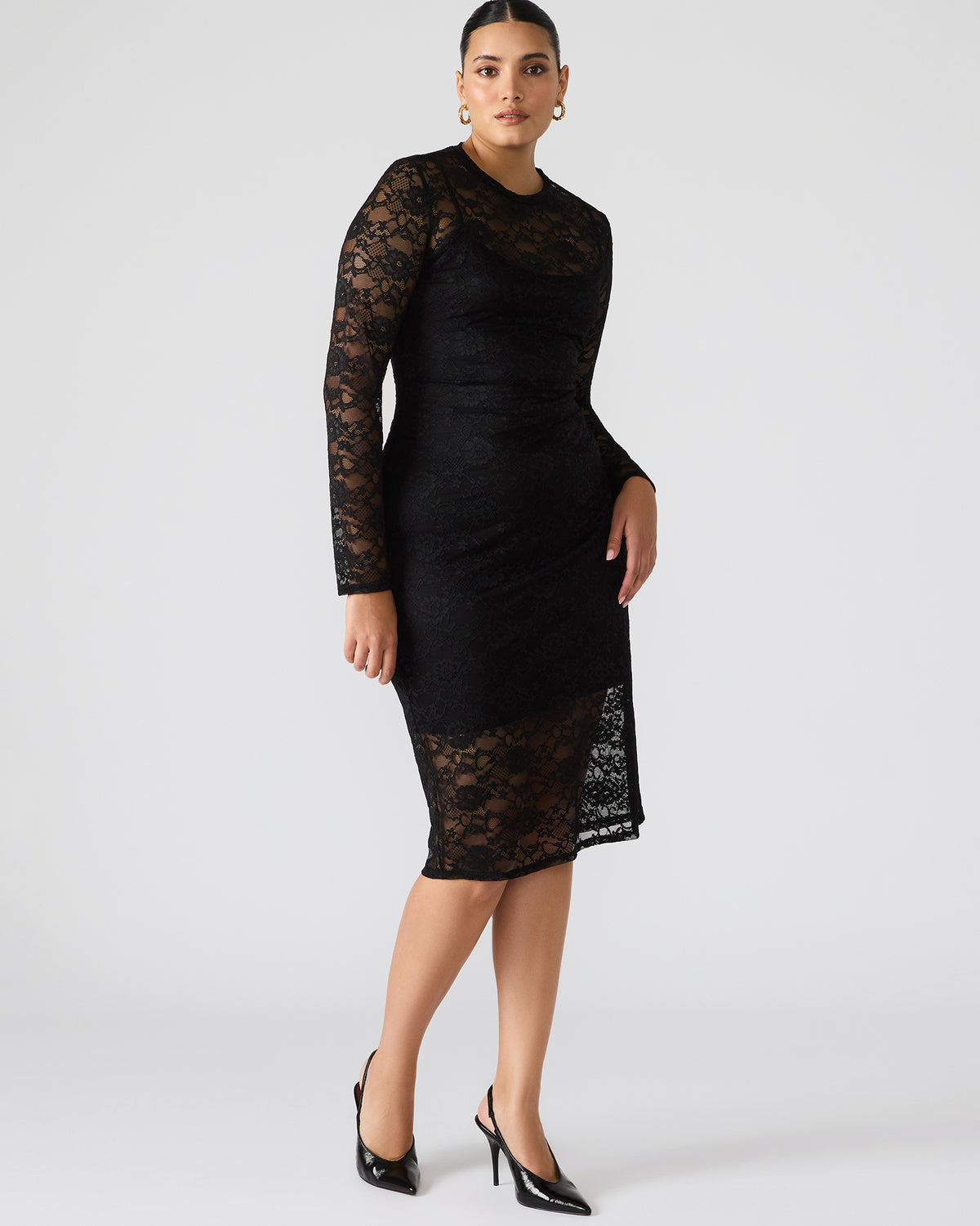 HAILEE Lace Black Long-Sleeved Mesh Pull-On Mock Neck Midi Women's Dress Steve Madden BLACK