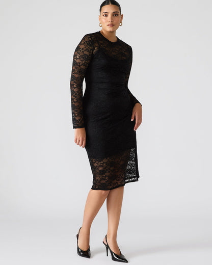 HAILEE Lace Black Long-Sleeved Mesh Pull-On Mock Neck Midi Women's Dress Steve Madden BLACK