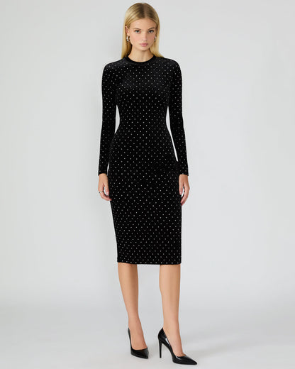 HAILEE Black Studded Velvet Long-Sleeved Pull-On Mock Neck Midi Women's Dress Steve Madden BLACK