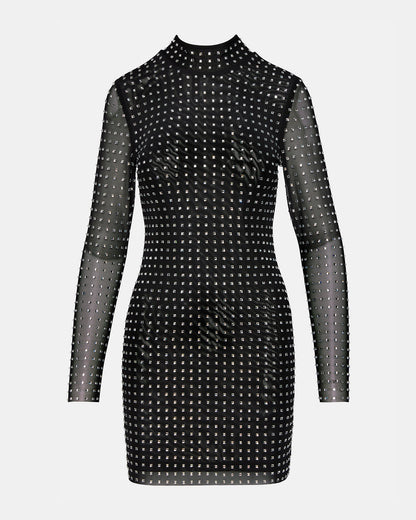 KRISTA Black Women's Long-Sleeved Bodycon Rhinestone Mini Dress Steve Madden BLACK