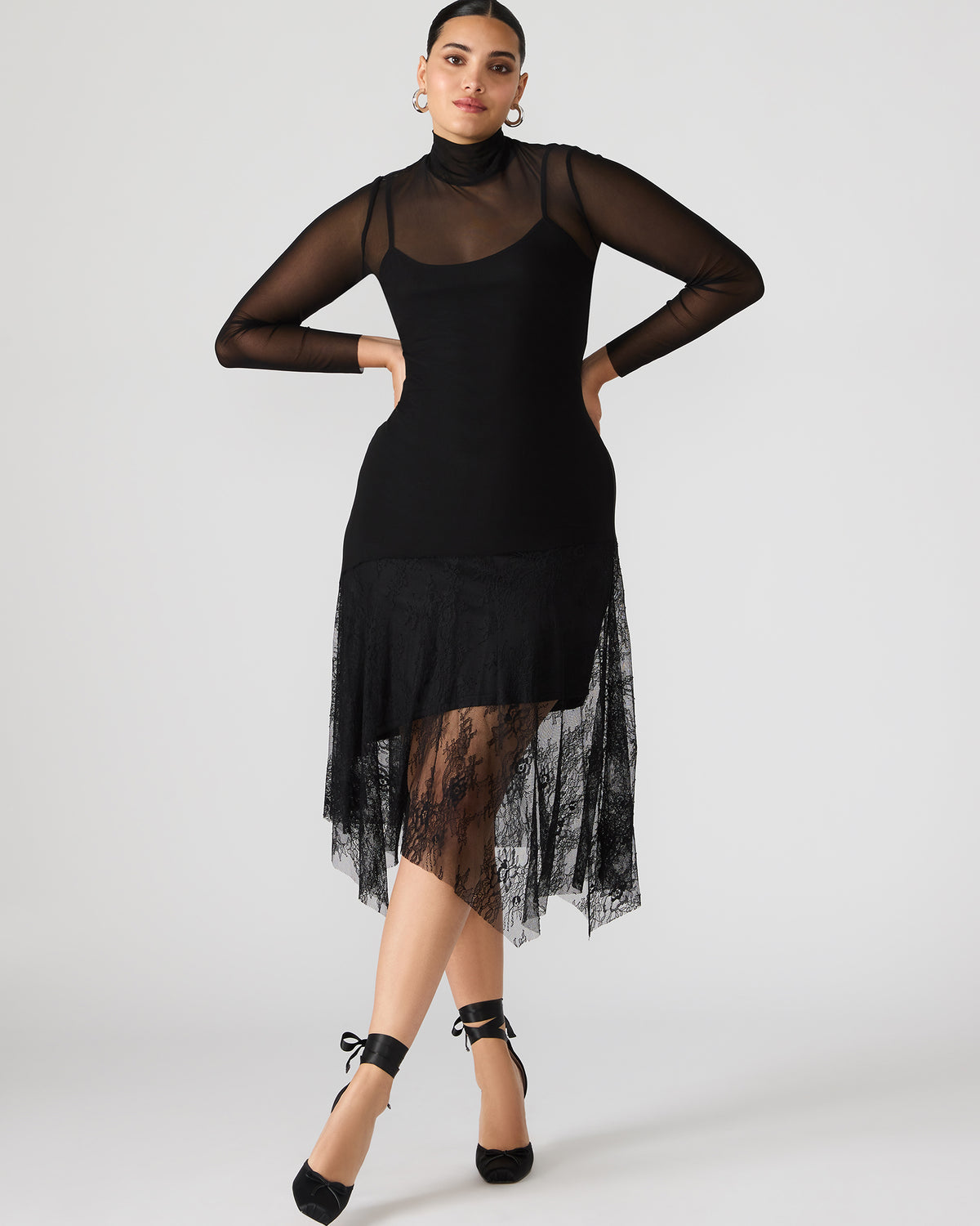 SILAS Black Long-Sleeved Mesh Lace Overylay Flowy Women's Dress Steve Madden BLACK