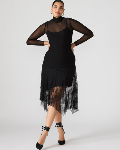 SILAS Black Long-Sleeved Mesh Lace Overylay Flowy Women's Dress Steve Madden BLACK
