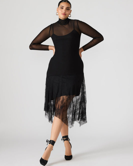 SILAS Black Long-Sleeved Mesh Lace Overylay Flowy Women's Dress Steve Madden BLACK