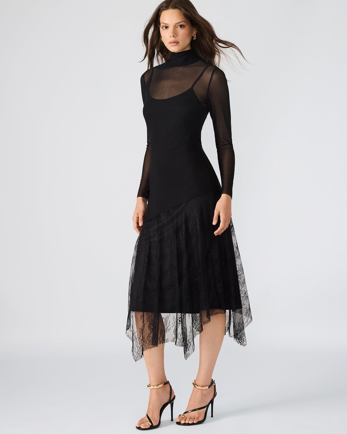 SILAS Black Long-Sleeved Mesh Lace Overylay Flowy Women's Dress Steve Madden BLACK