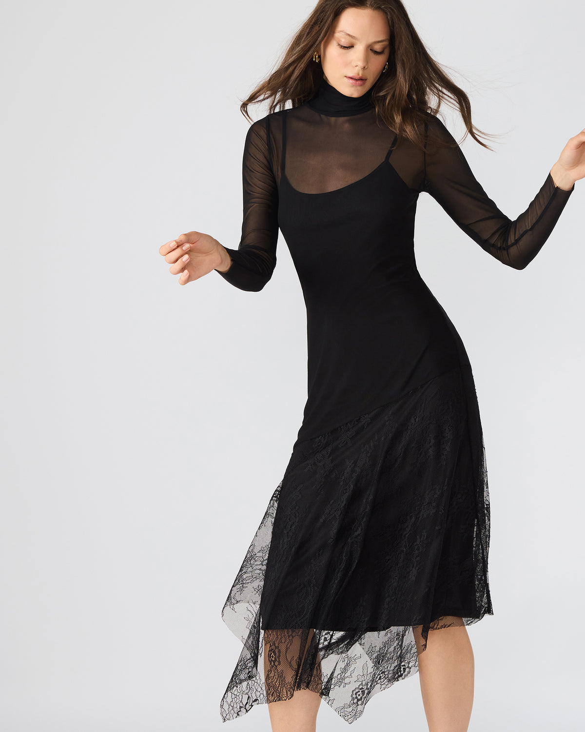 SILAS Black Long-Sleeved Mesh Lace Overylay Flowy Women's Dress Steve Madden BLACK
