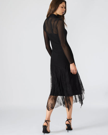 SILAS Black Long-Sleeved Mesh Lace Overylay Flowy Women's Dress Steve Madden BLACK