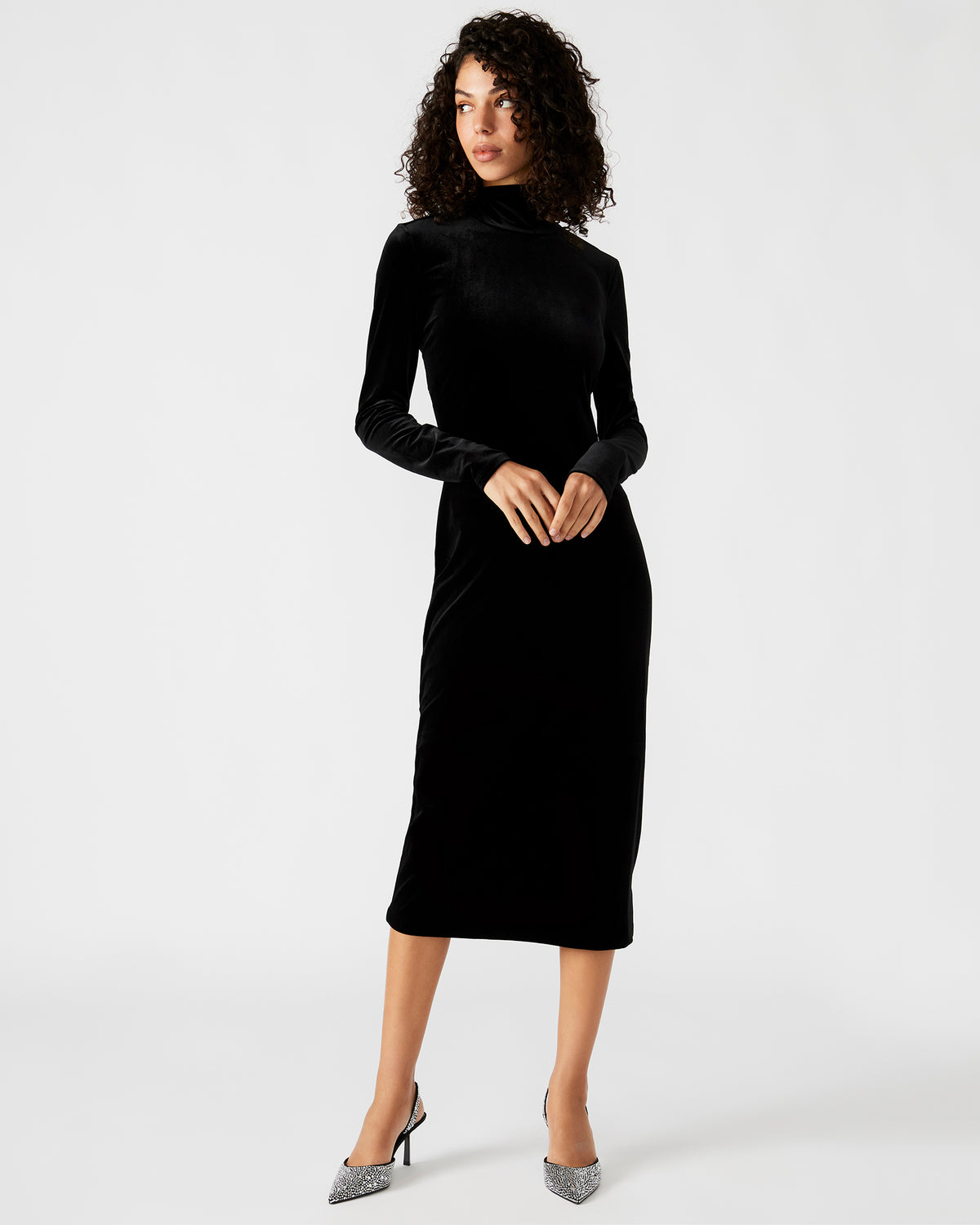 SKYLER Dress Black | Women's Long-Sleeved Turtleneck Velvet Dress Steve Madden BLACK