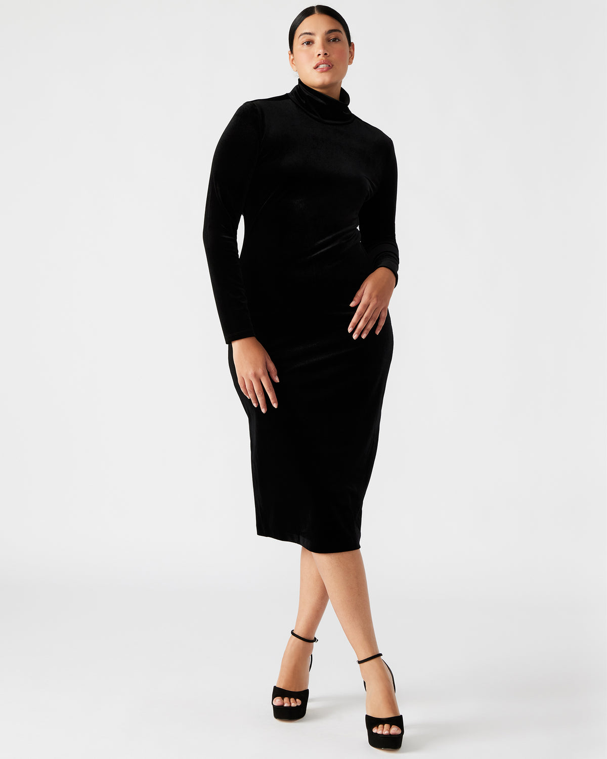 SKYLER Dress Black | Women's Long-Sleeved Turtleneck Velvet Dress Steve Madden BLACK
