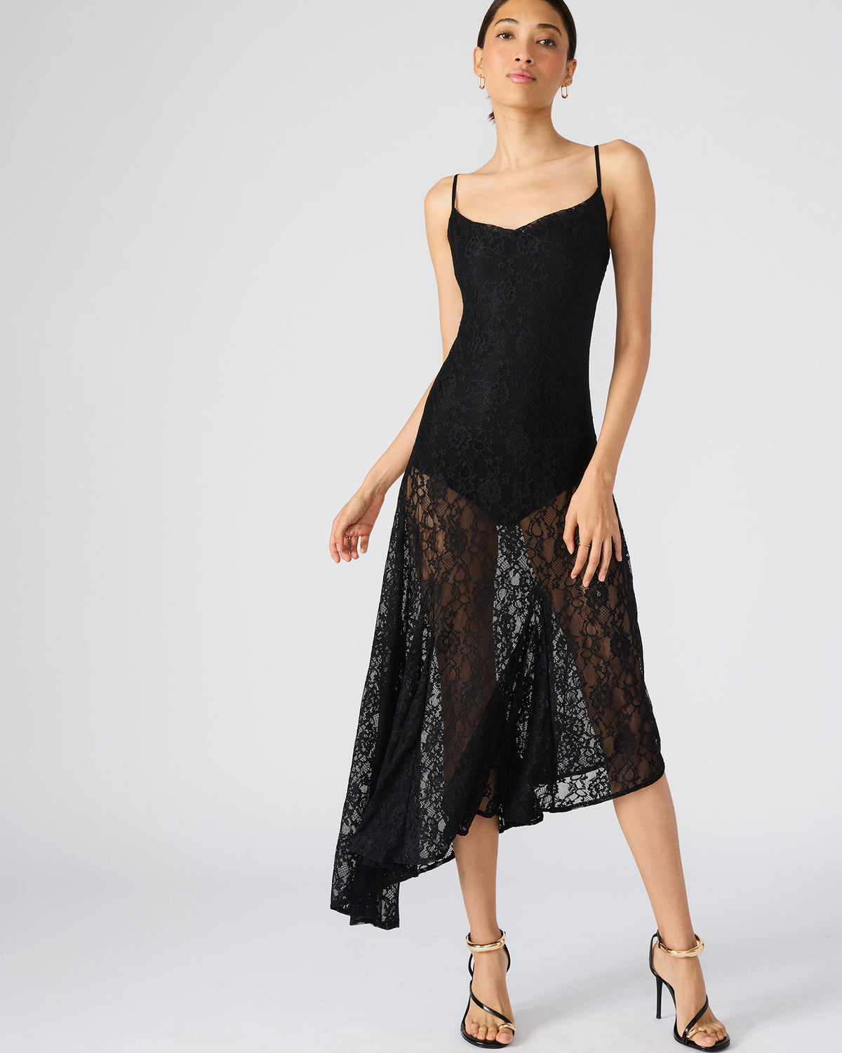 LOUISA Black Flowy Sleeveless Mesh Lace Womens Dress Steve Madden BLACK