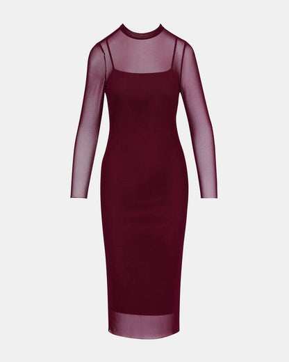 HAILEE Wine Long-Sleeved Mesh Pull-On Mock Neck Midi Women's Dress Steve Madden WINE