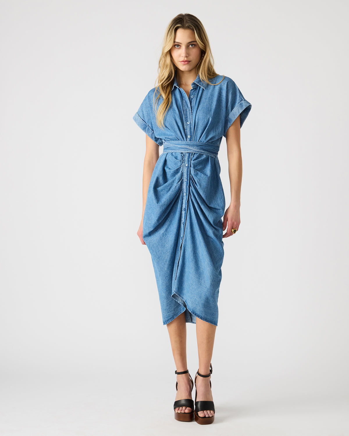 TORI Denim Button Up Collared Midi Dress Steve Madden DENIM FABRIC